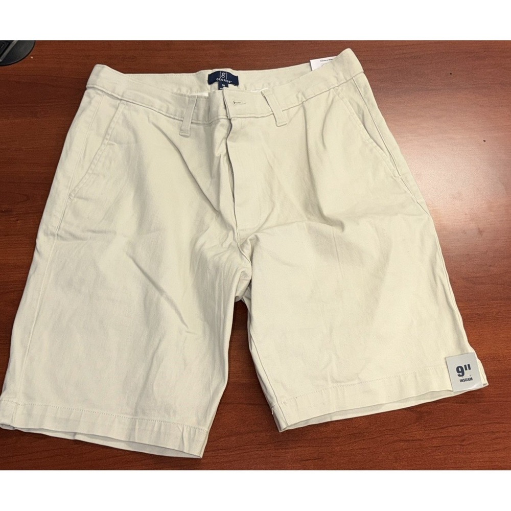 George Above the Knee Shorts 30x9 Light Beach Khaki Flat Front Cotton/Spandex M1